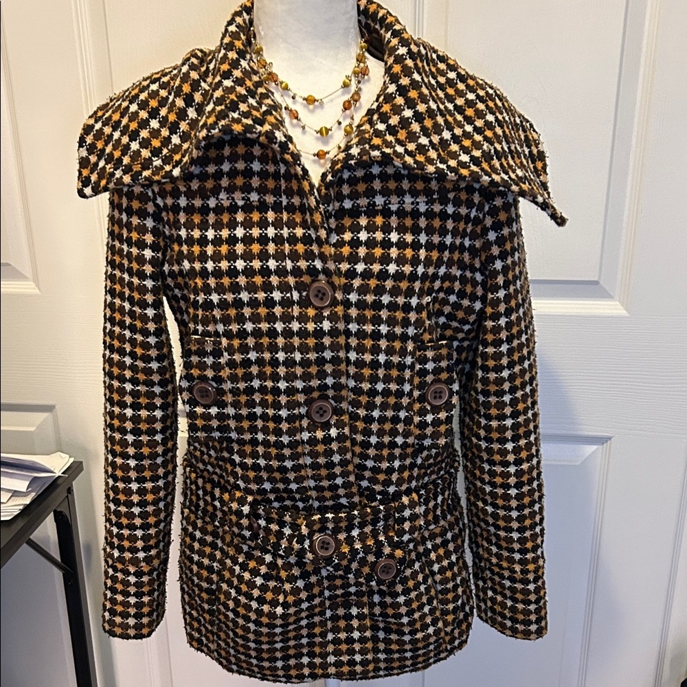Oleg Cassini wool blend Black and Brown Houndstooth Pea Coat. Belted.